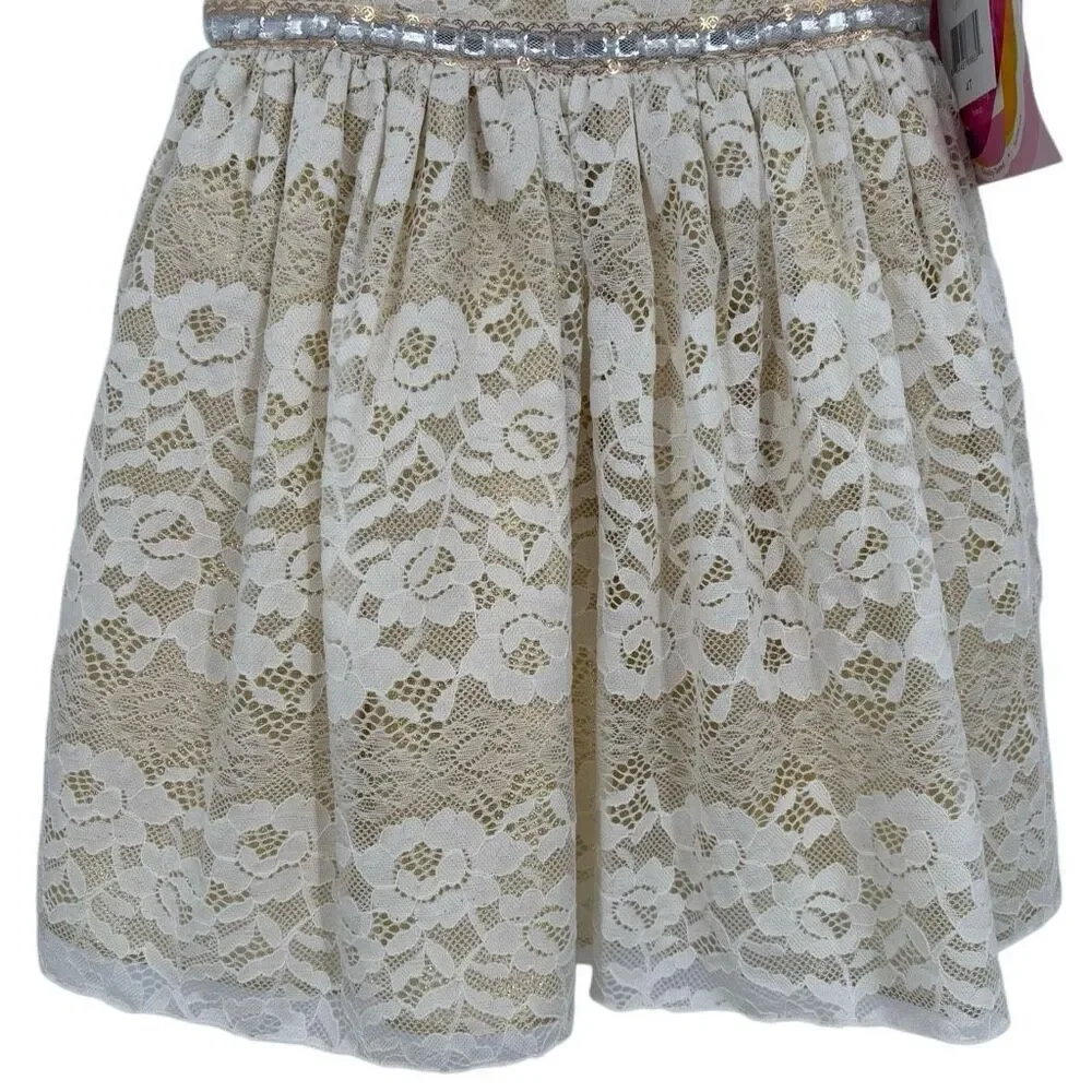 Youngland Girls Lace Dress with‎ Sparkle Waistband Cream/Gold Girls Size 4T NWT